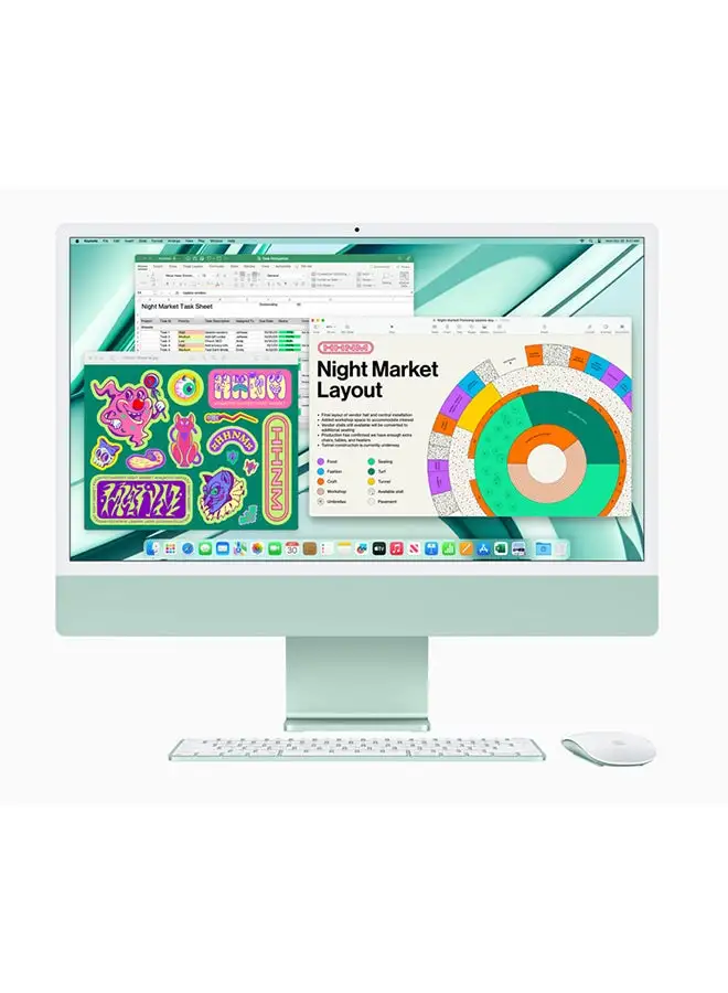 جهاز iMac مقاس 24 بوصة بشاشة Retina 4.5K من Apple: شريحة Apple M3 مع وحدة معالجة مركزية ثمانية النواة ووحدة معالجة رسومات 8 نواة ومحرك أقراص SSD سعة 256 جيجابايت/رسومات مدمجة باللغة الإنجليزية/العربية باللون الأخضر