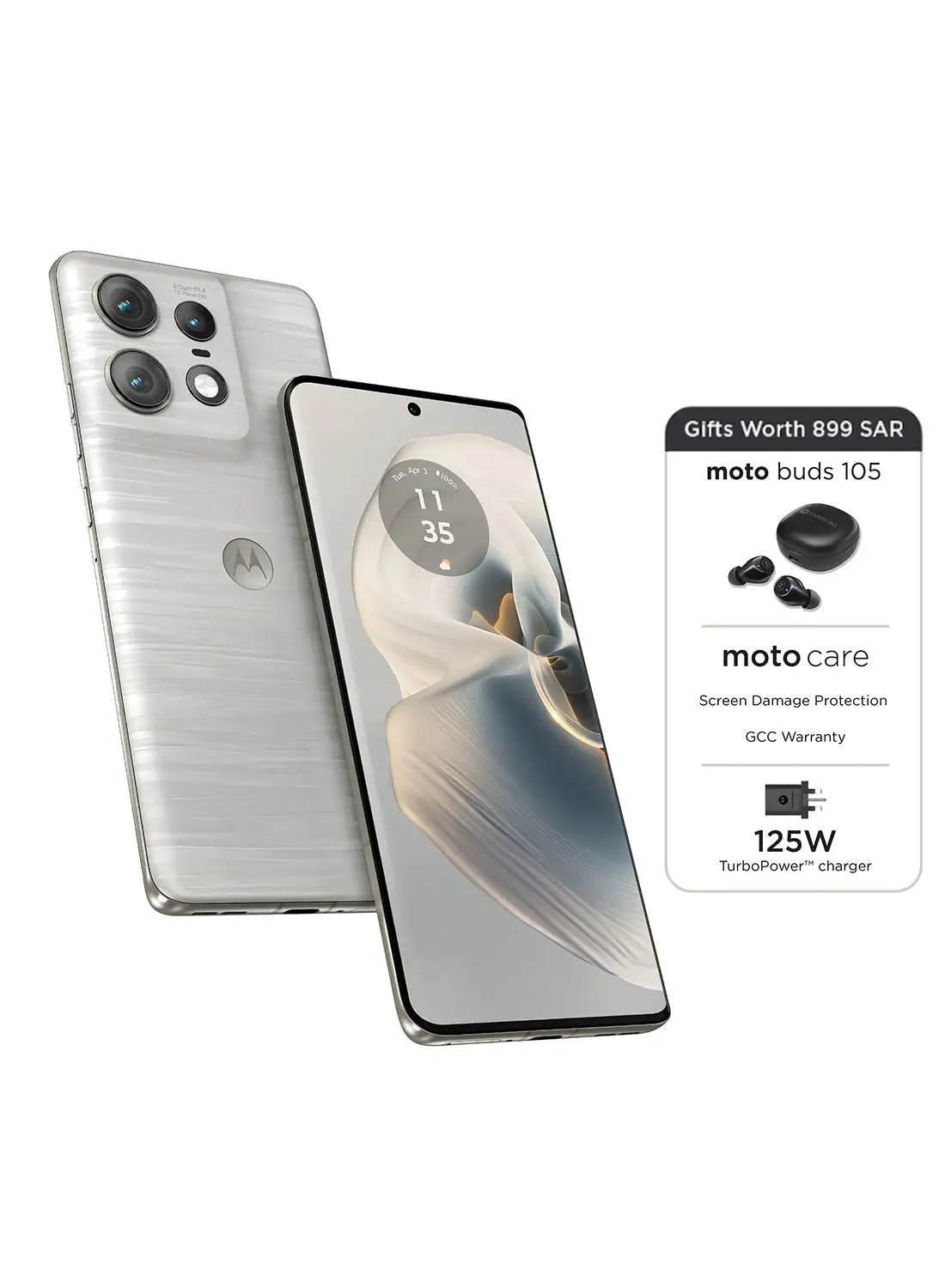 هاتف Motorola Edge 50 Pro ثنائي الشريحة Moonlight Pearl، 12 جيجابايت + 12 جيجابايت رام، 512 جيجابايت، 5G مع سماعات أذن وحماية من الأضرار العرضية - إصدار الشرق الأوسط