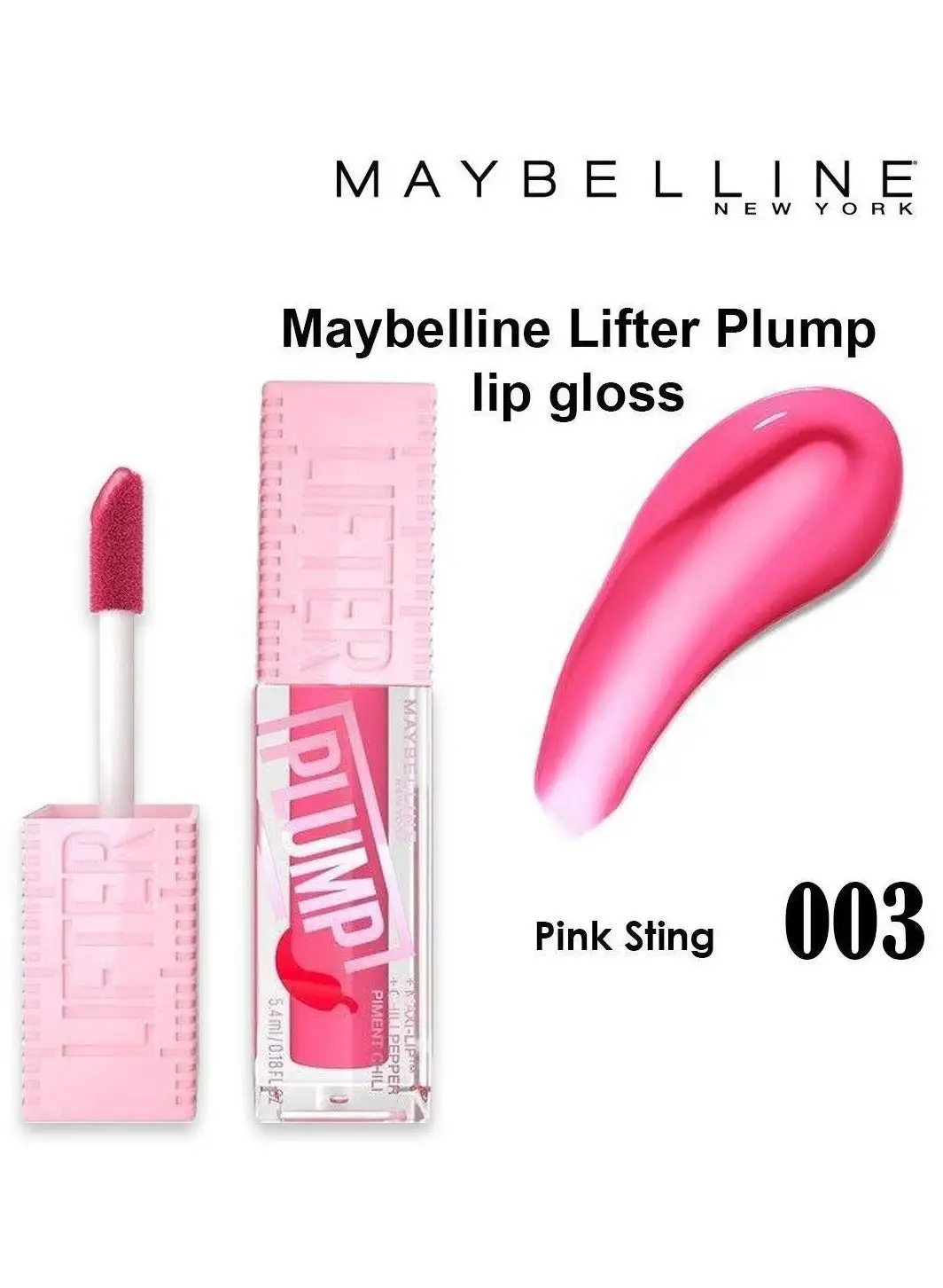 MAYBELLINE NEW YORK Lifter Plump, Hydrating Lip Plumping Gloss with Chilli Pepper - Pink Sting