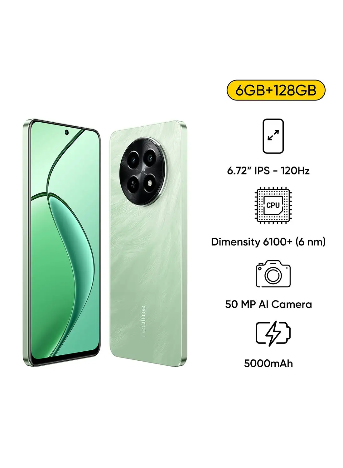 هاتف Realme 12x Feather Green ثنائي شرائح الاتصال وذاكرة الوصول العشوائي (RAM) سعة 6 جيجابايت وذاكرة تخزين داخلية 128 جيجابايت يدعم تقنية 5G - إصدار الشرق الأوسط