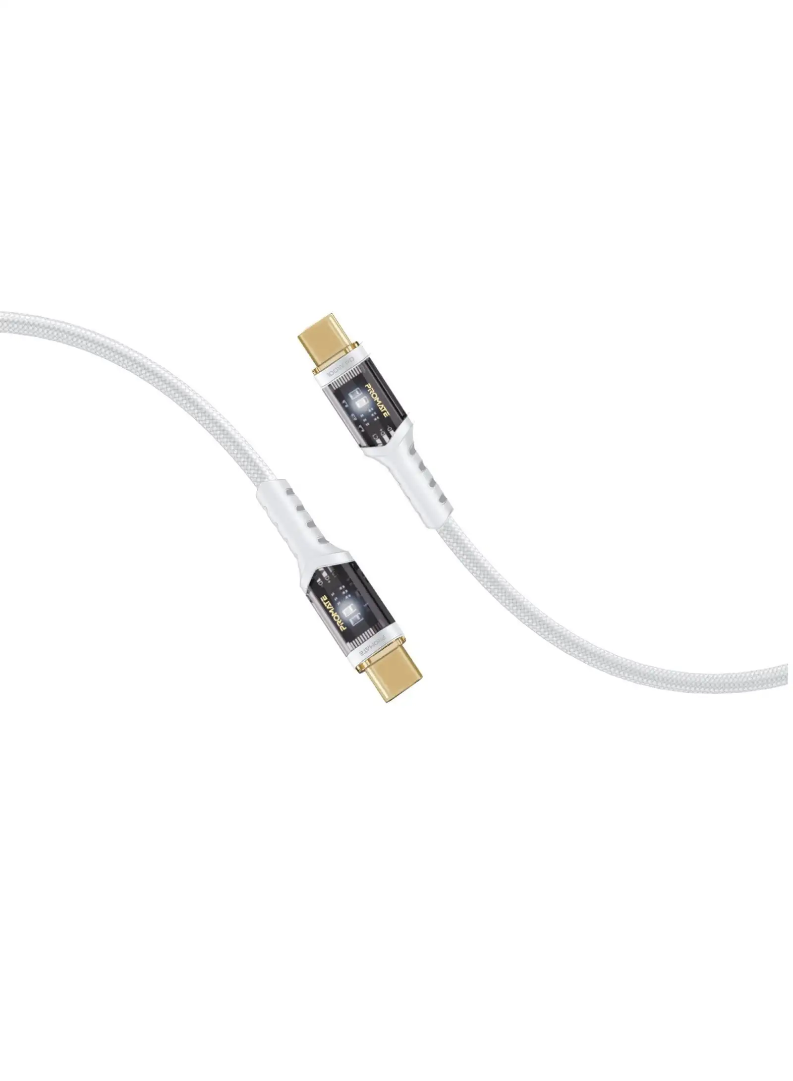 بروميت كابل USB-C إلى USB-C شحن سريع 100 واط لتوصيل الطاقة مع أطراف شفافة بيضاء