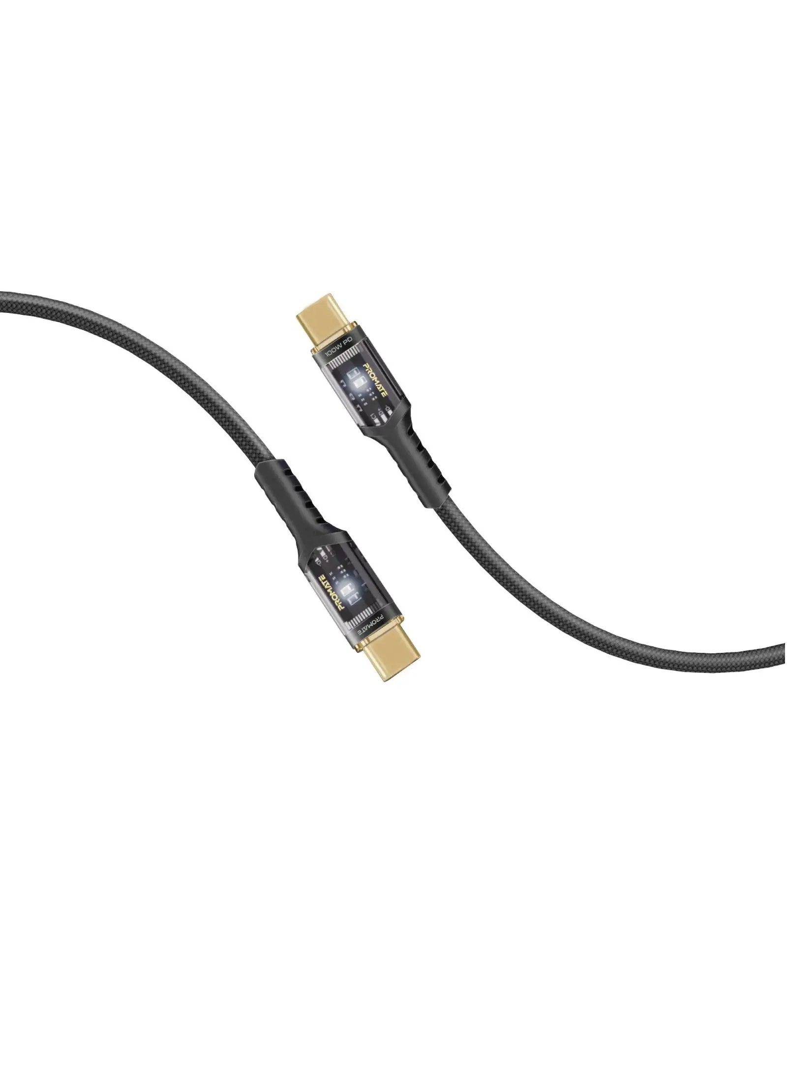 بروميت كابل USB-C إلى USB-C شحن سريع 100 واط لتوصيل الطاقة مع أطراف شفافة باللون الأسود