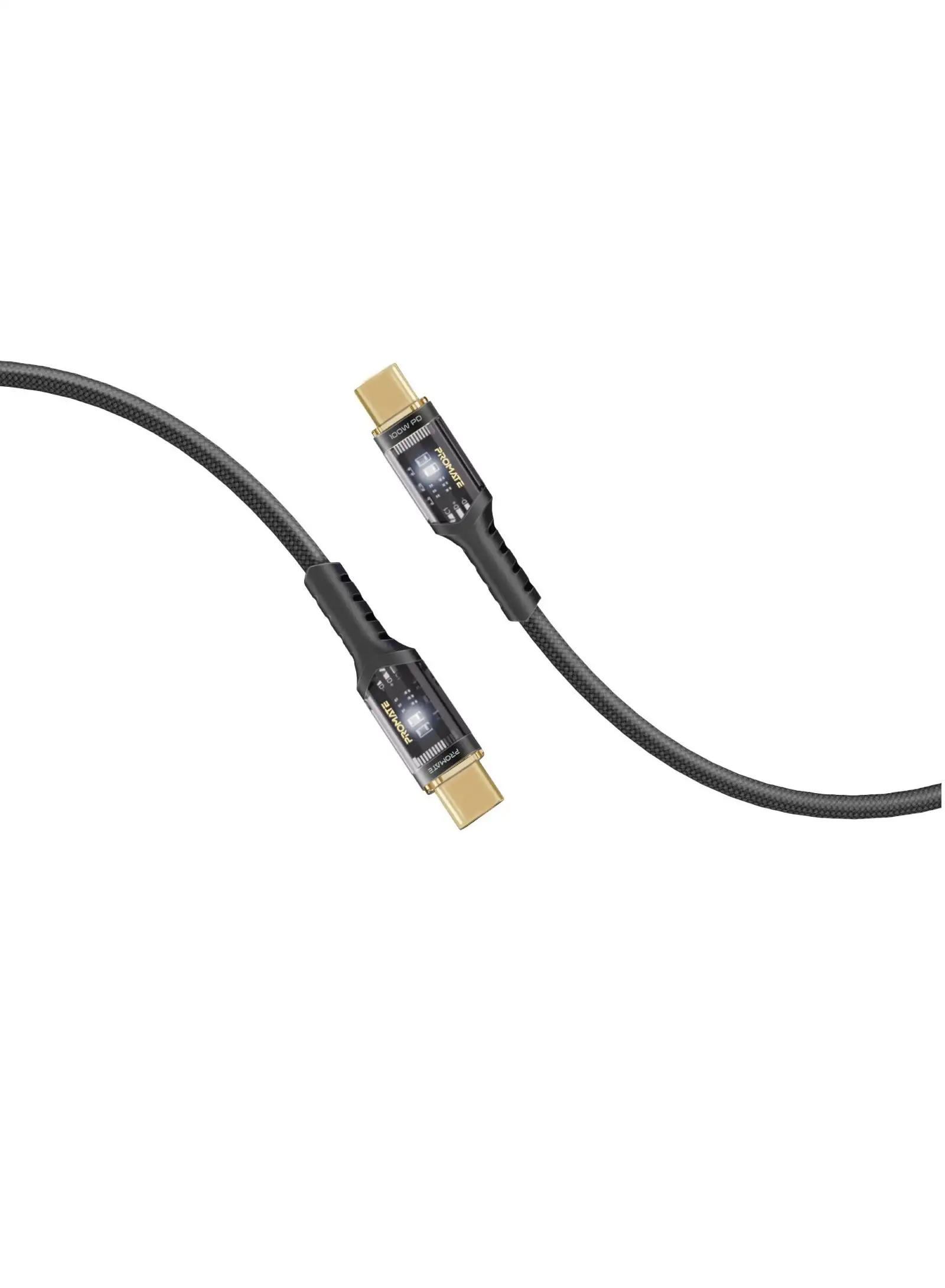 بروميت كابل USB-C إلى USB-C شحن سريع 100 واط لتوصيل الطاقة مع أطراف شفافة باللون الأسود