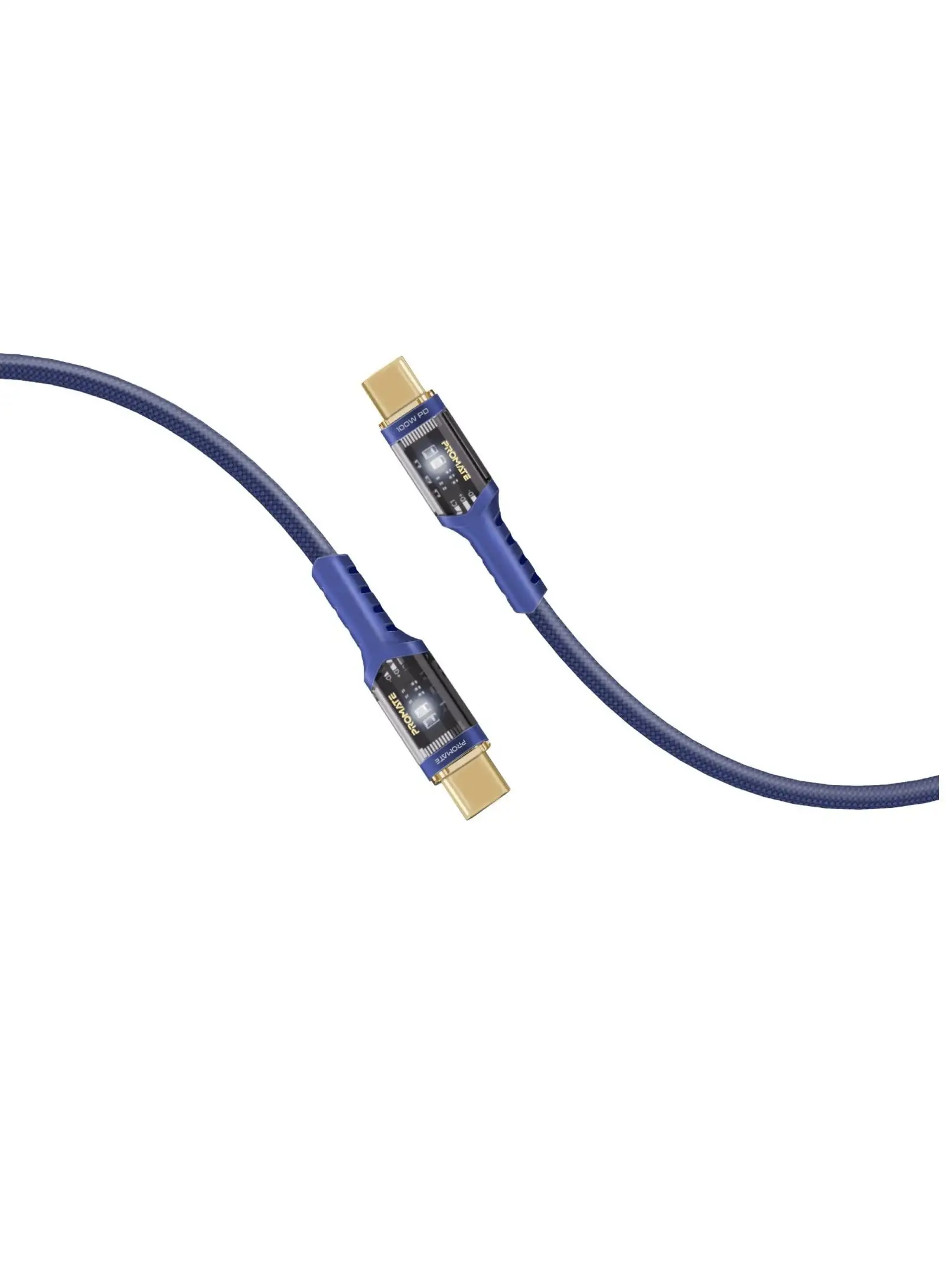 كابل بروميت USB-C إلى USB-C شحن سريع 100 واط، توصيل طاقة مع أطراف شفافة باللون الأزرق