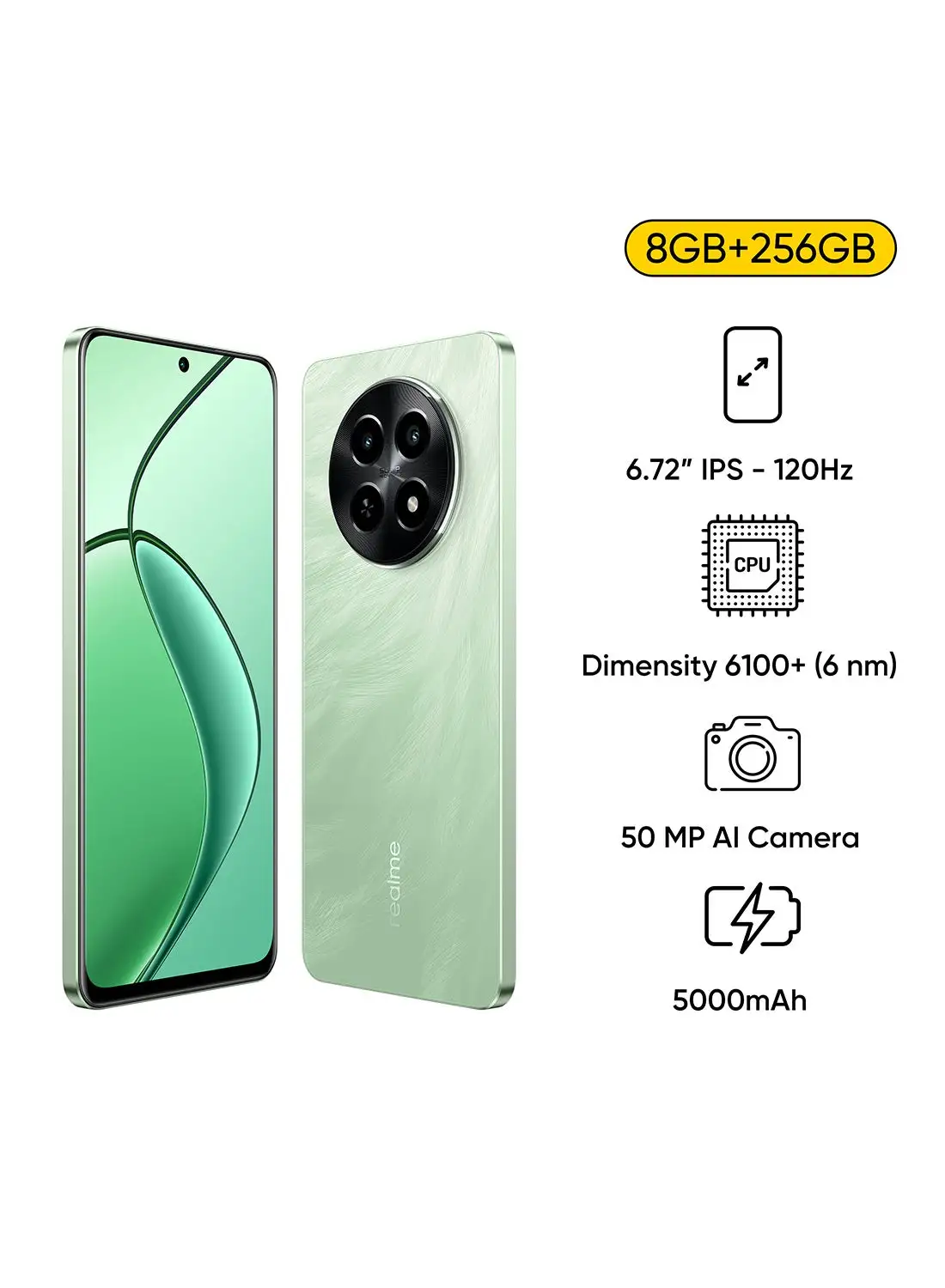 هاتف Realme 12x Feather Green ثنائي الشريحة وذاكرة وصول عشوائي (RAM) سعة 8 جيجابايت وذاكرة داخلية 256 جيجابايت يدعم تقنية 5G - إصدار الشرق الأوسط