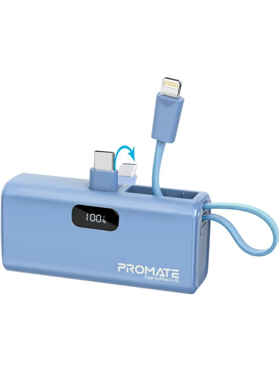 PROMATE 5000 mAh Compact Power Bank Universal With Portable Charger And Built-In Lightning Cable Foldable USB-C Connector LED Display Blue