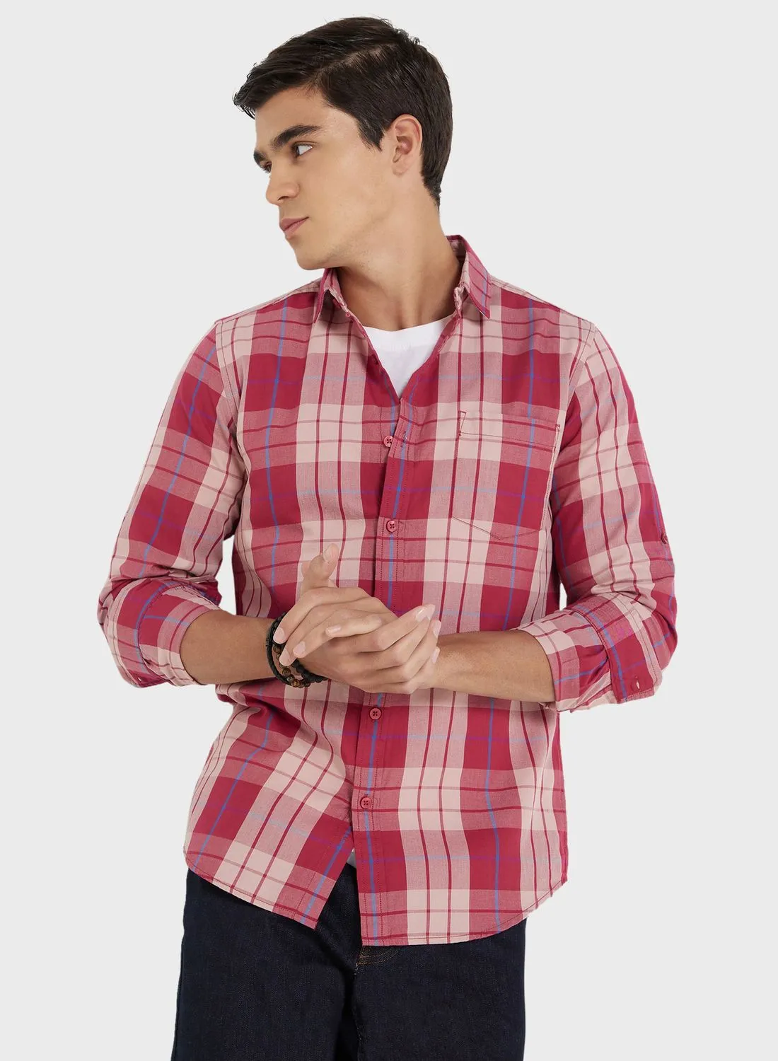 Seventy Five Men Maroon Beige Slim Fit Checked Sustainable Casual Pure Cotton Shirt