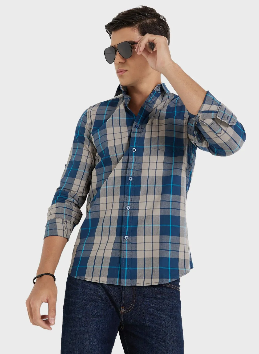 Seventy Five Men Teal Blue Grey Slim Fit Checked Sustainable Casual Pure Cotton Shirt