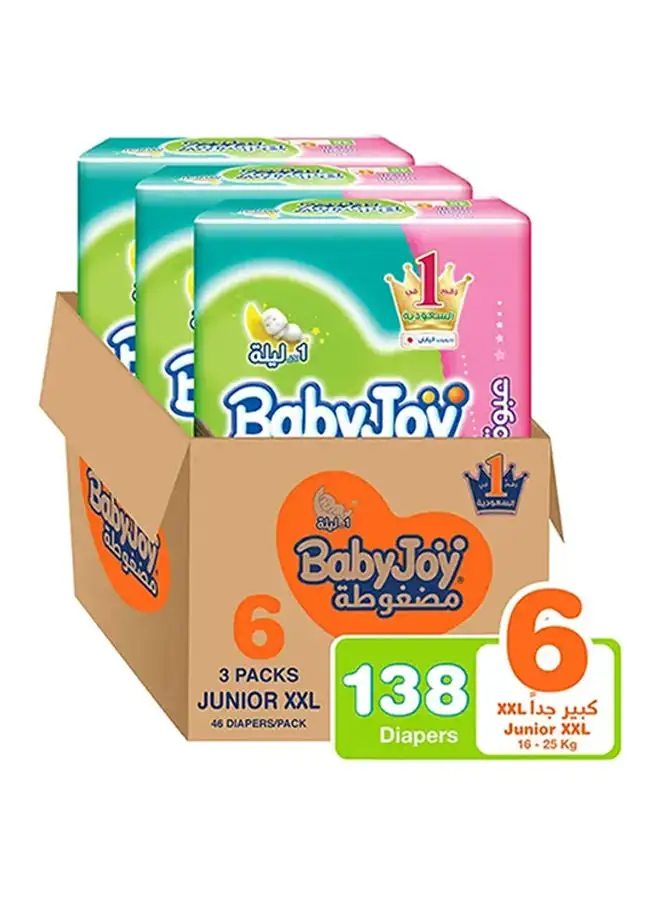 BabyJoy Compressed Diamond Pad, Size 6 Junior XXL, 16 to 25 kg, Giant Box, 138 Diapers