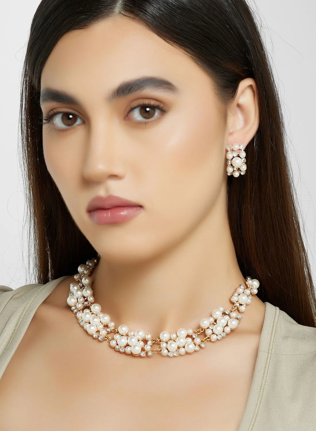 Khizana Cz Pearl Necklace & Earrings Set