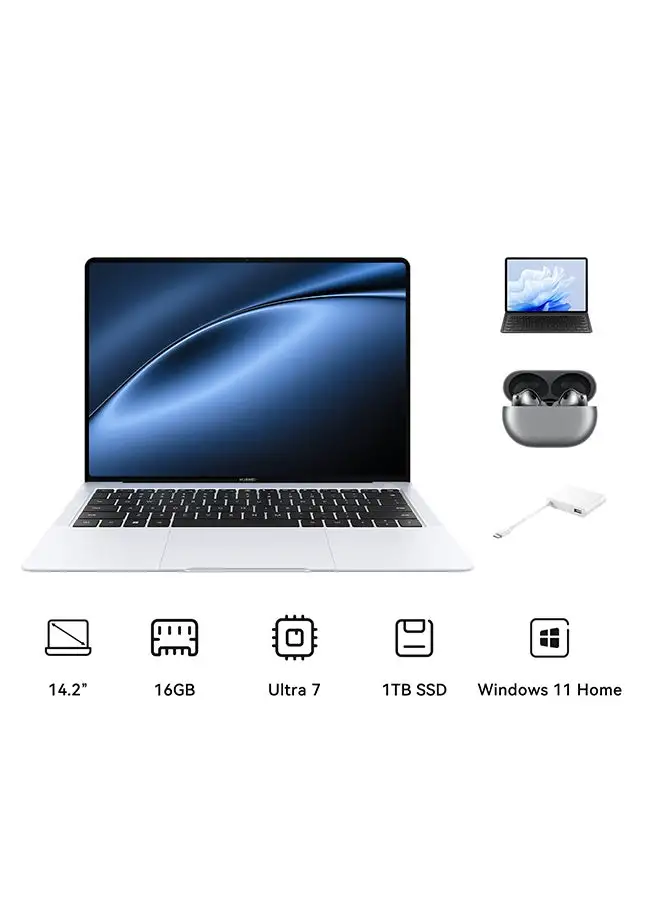 HUAWEI MateBook X Pro Laptop With 14.2-Inch Flexible OLED Display, Ultralight, Intel Core Ultra 7 Processor/16GB RAM/1TB SSD/Intel Iris XE Graphics/Windows 11 Home/HUAWEI MatePad Air + FreeBuds Pro 2 + Dock 3 English/Arabic White