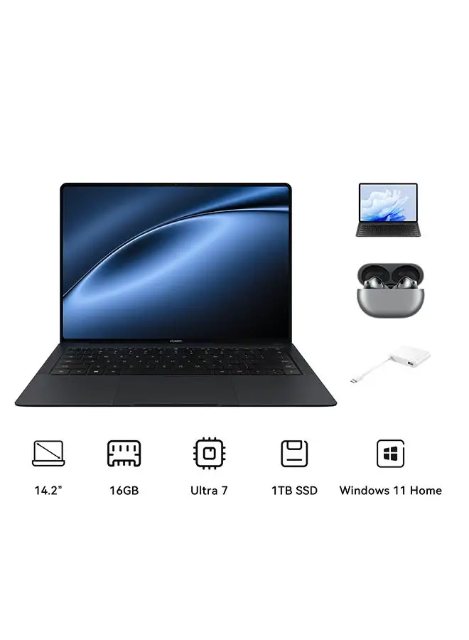 HUAWEI MateBook X Pro Laptop with Flexible OLED Display, Ultralight, Intel Core Ultra 7 Processor, 16GB RAM + 1 TB SSD, Windows 11 Home, English/Arabic, Black, HUAWEI MatePad Air + FreeBuds Pro 2 + Dock 3 English/Arabic Black