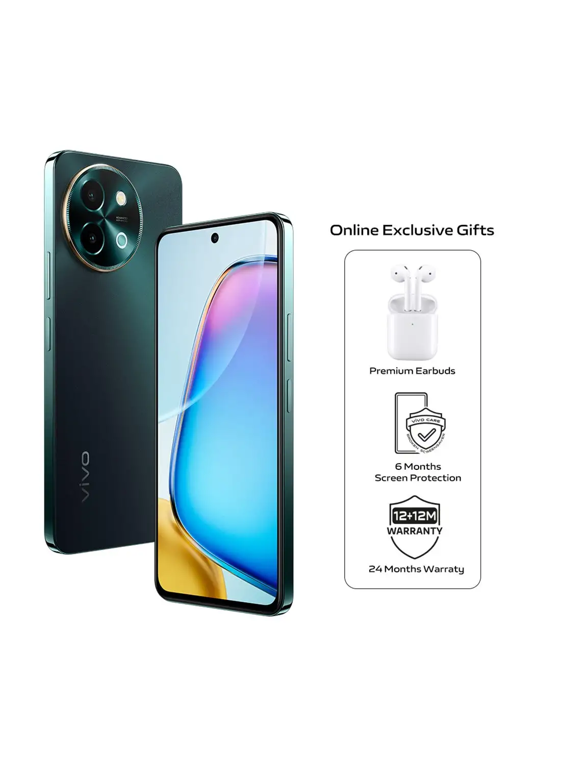 vivo Y38 Dual SIM Agate Green 8GB RAM 256GB 5G With Online Exclusive Bundle: TWS Earbuds, 24 Months Warranty And 6 Months Screen Protection - Middle East Version