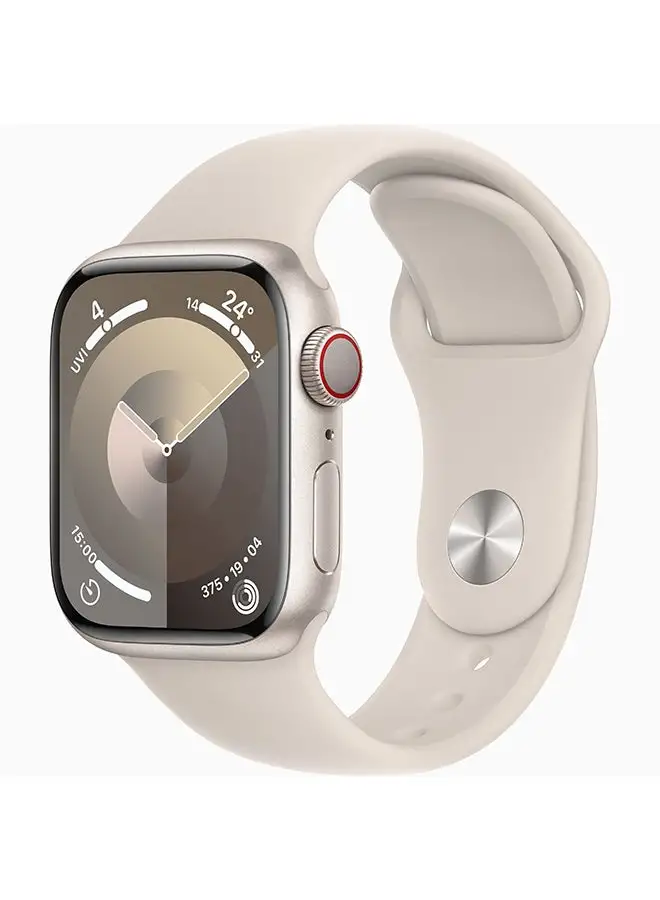 Apple Watch Series 9 GPS + هيكل من الألومنيوم بقياس 45 ملم مزود بتقنية Starlight وحزام رياضي Starlight