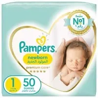 Pampers Premium Care Taped Diapers, Size 1, 2-5kg, Mid Pack, 50 Diapers 