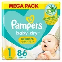 Pampers Aloe Vera Taped Diapers,  Size 1, 2-5kg, Mega Pack, 86 Diapers 