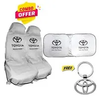 عرض كومبو - اشتري قطعتين من غطاء مقعد سيارة تويوتا + مظلة للزجاج الأمامي للسيارة واحصل على ميدالية مفاتيح معدنية للسيارة من تويوتا مجاناً