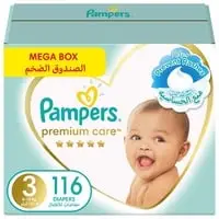 Pampers Premium Care Taped Diapers, Size 3, 6-10 kg, Mega Box, 116 Diapers  