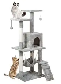 Generic برج شجرة القطط 140 × 54 × 30 سم، شقة للقطط مع 4 أعمدة خدش من السيزال، مركز أنشطة شجرة تسلق القطط مع بيت للقطط، أرجوحة، أعمدة السيزال، سلم، ومكان راحة للقطط الداخلية باللون الرمادي
