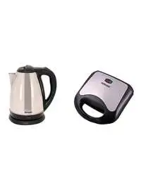Sonashi Stainless Steel Cordless Kettle With 2 Slice Non-Stick Grill Plate, 1.8L, 1500W, SKT-1804 + SGT-853, Silver/Black