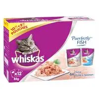 Whiskas Purrfectly Fish with Tuna and Tuna & Salmon, Wet Cat Food, Pack of 12x85g