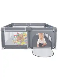 Sky-Touch Baby Playpen 200x200cm Extra Large Playpen For Babies Kids Safe Play Center With Breathable Mesh And Zipper Door And Toddlers Gives Mommy A Break, Grey