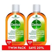 Dettol Antiseptic Antibacterial Disinfectant Liquid for effective Germ Protection & Personal Hygiene, Can be used for Surface cleaning, bathing and laundry, 500ml, Pack of 2