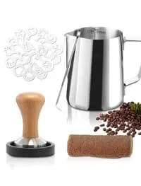 Gevi Espresso Machine Accessories - Milk Frothing Pitcher 12oz/350mL, 16 Pieces Coffee Decorating Stencils, Decorating Art Pen, Stainless Steel Tamper, Barista Towel and Coffee Tamper Placement