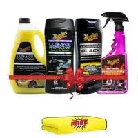 Complete Meguiar's Car Care Kit- Includes Ultimate Wash & Wax,  Ultimate Protectant Dash & Trim Restorer, Hot Rims Wheel & Tire Cleaner With Free Car Cleaning Microfiber Cloth Towel