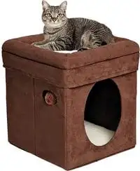Midwest Homes For Pets 137-BR "The Original" Curious Cat Cube, Cat House/Cat Condo In Brown Faux Suede & Synthetic Sheepskin
