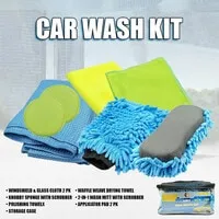 Car Wash Kit 9 Pcs Car Washing Kit Clean/Dry/Polish Cleaning Cloth, Microfiber Towels Glove Sponge With Scrubber Pad - SMY