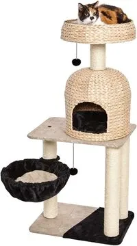 Midwest Homes For Pets Cat Tree, Reid Cat Furniture, 3-Tier Cat Activity Tree With Sisal Wrapped Support Scratching Posts & Dangle Play Balls, Woven Rattan & Script Medium Cat Tree