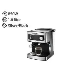 سوناشي 15 بار الكل في واحد ماكينة صنع قهوة الاسبريسو والكابتشينو واللاتيه من الفولاذ المقاوم للصدأ، 1.6 لتر، 850 وات، SCM-4965، فضي/أسود