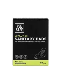 PeeSafe Ultra-Thin Sanitary Pads with Wings, Super Absorbent & Leak-Proof, Unscented, Rash and Toxin Free, Overnight Protection, Extra Long XXL – 12 pads