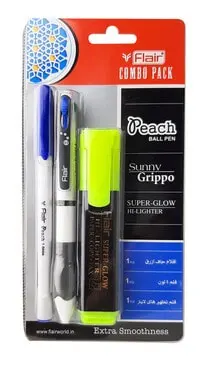 Flair Combo Pack of Peach Ball Pen, Sunny Grippo 4in1 Color Pen and Super Glow Hi-Lighter