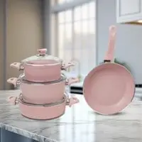 Kunzita 7 Pieces Turkish Granite Cookware Set With Pyrex Lid - Pink