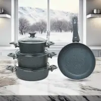 Kunzita 7 Pieces Turkish Granite Cookware Set With Pyrex Lid - Grey