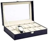 Generic صندوق ساعة مكون من 12 حجرة صندوق ساعة جلد منظم علبة حبوب التمساح-أسود