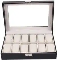Generic Large 12 Mens Black Leather Display Glass Top Jewelry Case Watch Box Organizer