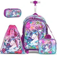 Eazy Kids - Back to School - 18" Set of 4 School Bag Lunch Bag Activity Bag & Pencil Case Unicorn - Pink