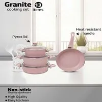 In House 13 Pieces Turkish Granite Cookware Set With Pyrex Lid - Pink