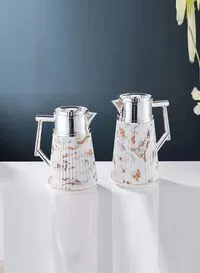 Royal Camel Thermos Set Of 2 Pieces For Coffee And Tea Light Marble/Silver1 Liter And 0.5 Liter