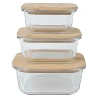 Square Glass Container With Bamboo Lid Clear 3 PCS