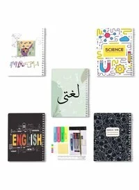 Lowha Set Of 5 Spiral Notebooks For School, 60 Sheets With Hard Paper Covers For Arabic, English, Math, Science With A Set Of School Supplies