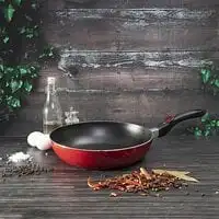 Royalford Aluminium Wok Pan With Glass Lid, 30 cm - Induction Safe Frying Pan With Durable Non-Stick Granite Coating  Frypan With Glass Lid & Heat-Resistant Handles - Cookware Casserole Pan, Red