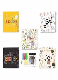 Lowha Set Of 5 Spiral Notebooks For School, 60 Sheets With Hard Paper Covers For Arabic, English, Math With A Set Of School Supplies