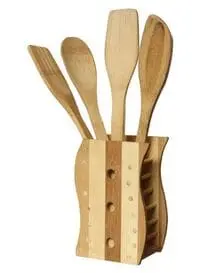 Generic 5-Piece Wooden Cutlery Set With Spoon Holder Beige/Brown 8 X 14Centimeter