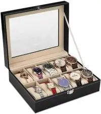 Generic صندوق مجوهرات رجالي عالي الجودة 10 أقسام صندوق ساعة جلد منظم حافظة أسود Osbz13