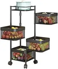 Yjhsdch Kitchen Storage Rack, Rotatable Baskets With Wheel, Multi-Layer Storage Shelf, Square Fruit And Vegetable Storage Racks For Kitchen, 4 Tier