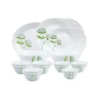 British Chef Opalware Green Lily Dinner Set- 27 Pieces For Family Of 6, Microwave & Dishwasher Safe, Crockery Set For Dining & Gifting, Plates, Rice Plate & Bowls- White